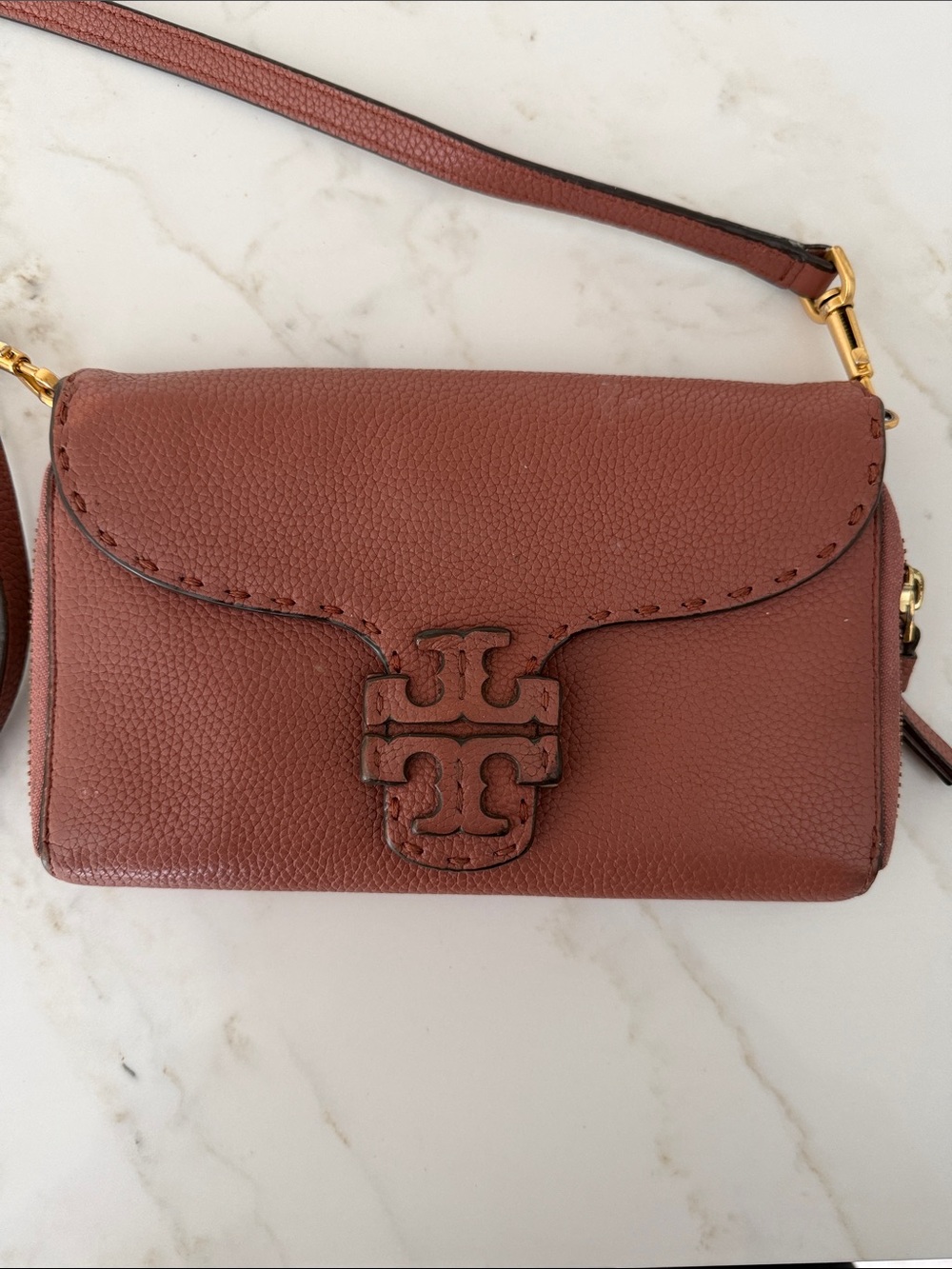 Tory Burch Small Leather Crossbody in Warm Chestnut